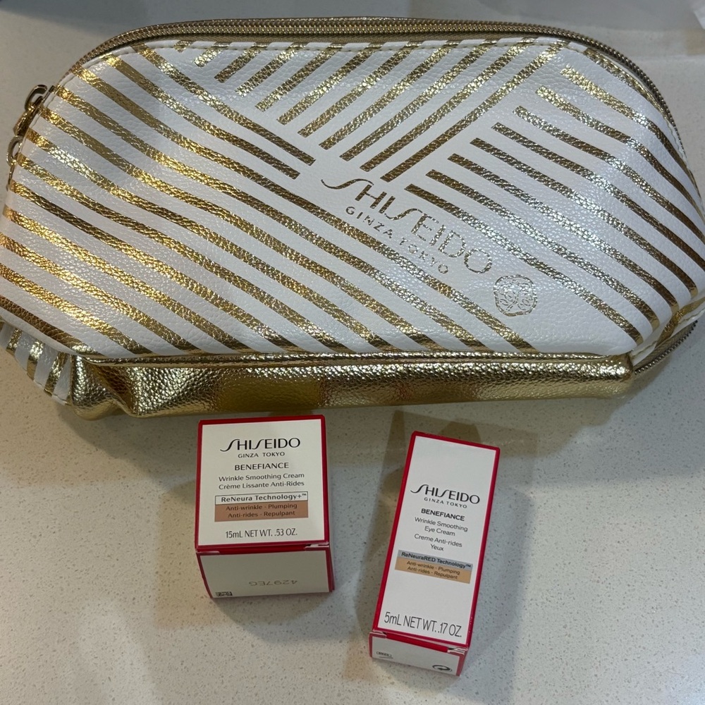 Shiseido Benefiance travel sixes & Gold and White Cosmetic Case